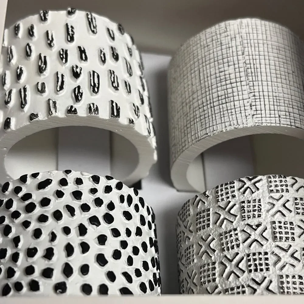(8) Black White Modern 100% Resin Textured Napkin Ring Holder
